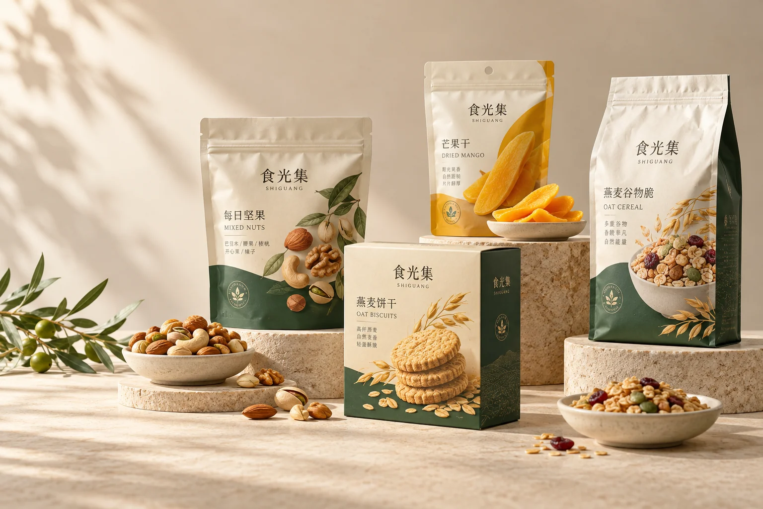 食光集坚果、饼干与果干包装，搭配暖色桌面上的食物